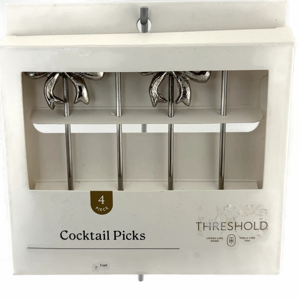 Silver Tone Bow Cocktail Picks - Set of 4